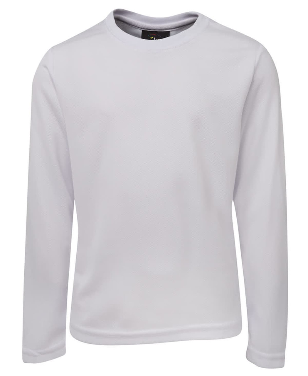 A long-sleeve white T-shirt featuring a textured fabric and a logo on the collar.