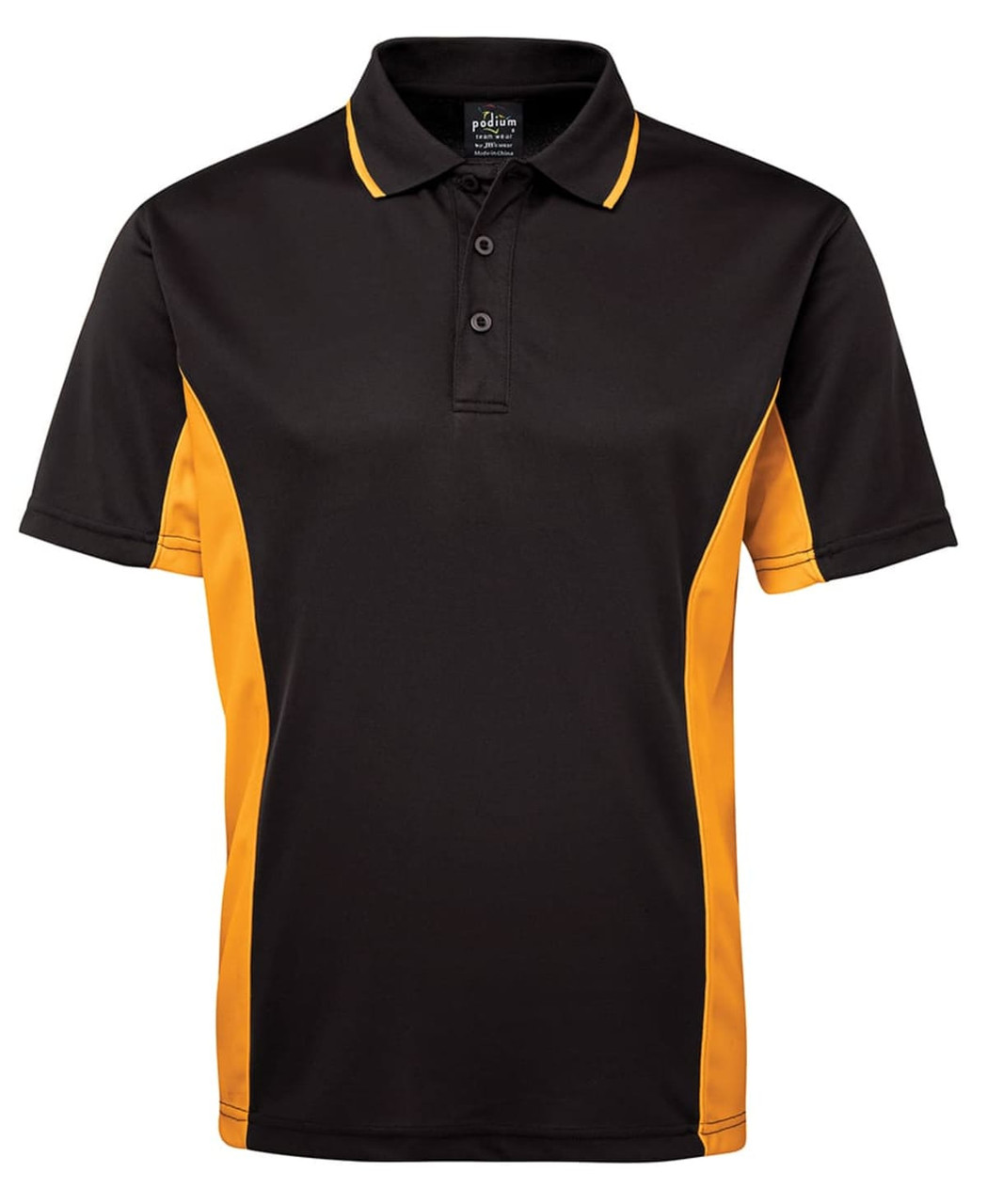 A black polo shirt with orange side panels, featuring a collar and a three-button placket. It has a logo.
