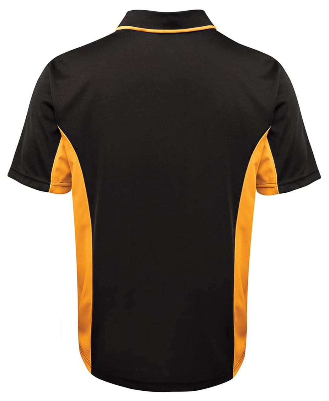 A black and gold polo shirt featuring a stylish design and a logo on the back.