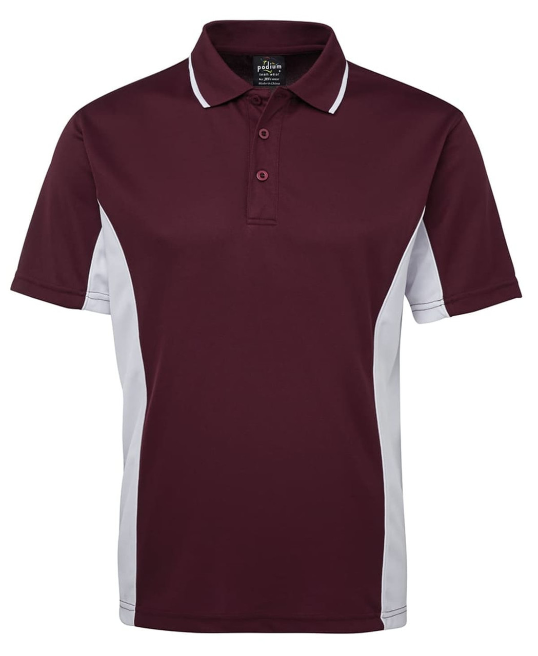 A burgundy polo shirt with white side accents and a collar, featuring a logo on the chest.