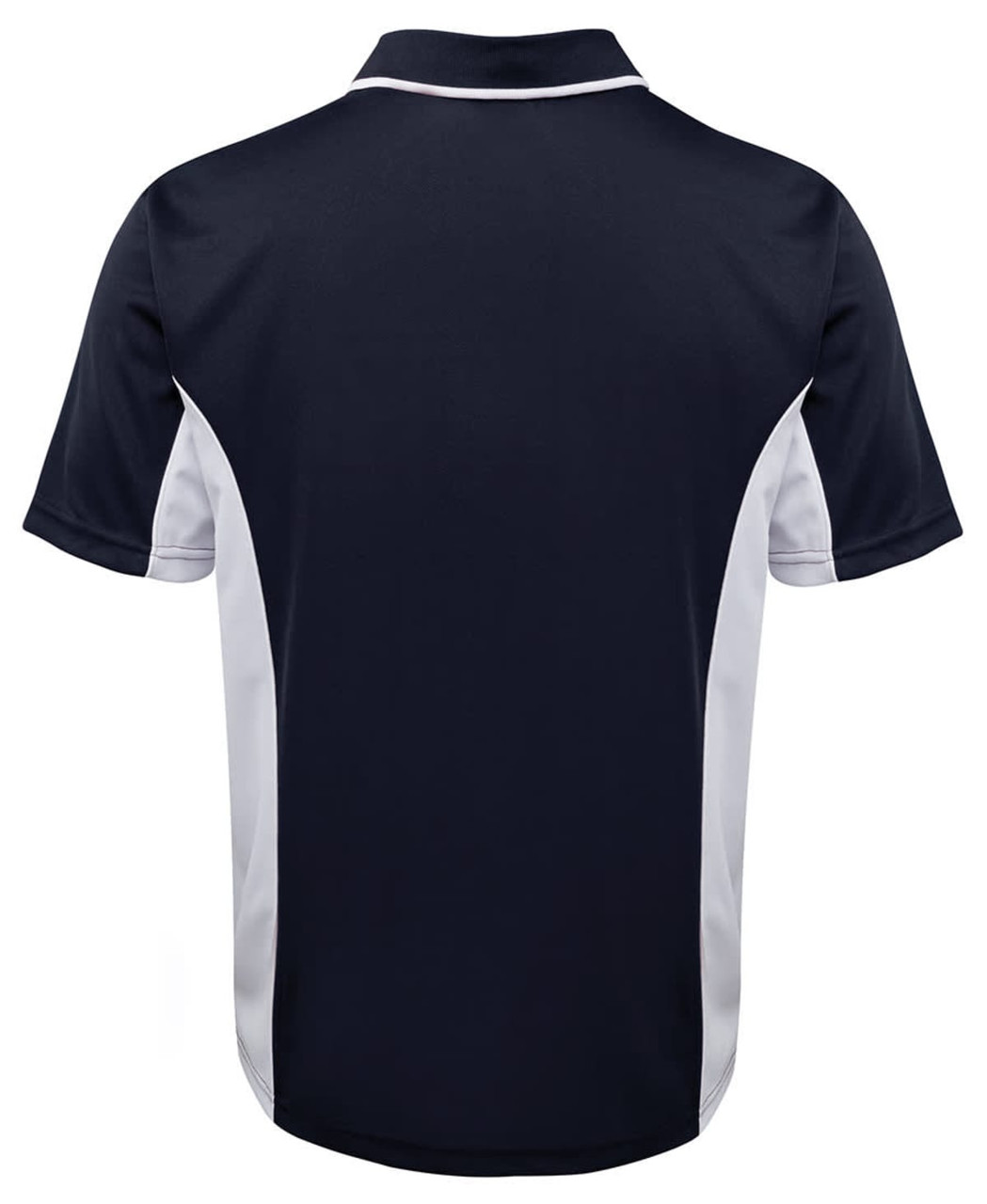 A navy blue polo shirt with white accents and a logo on the back. Suitable for casual or sports wear.