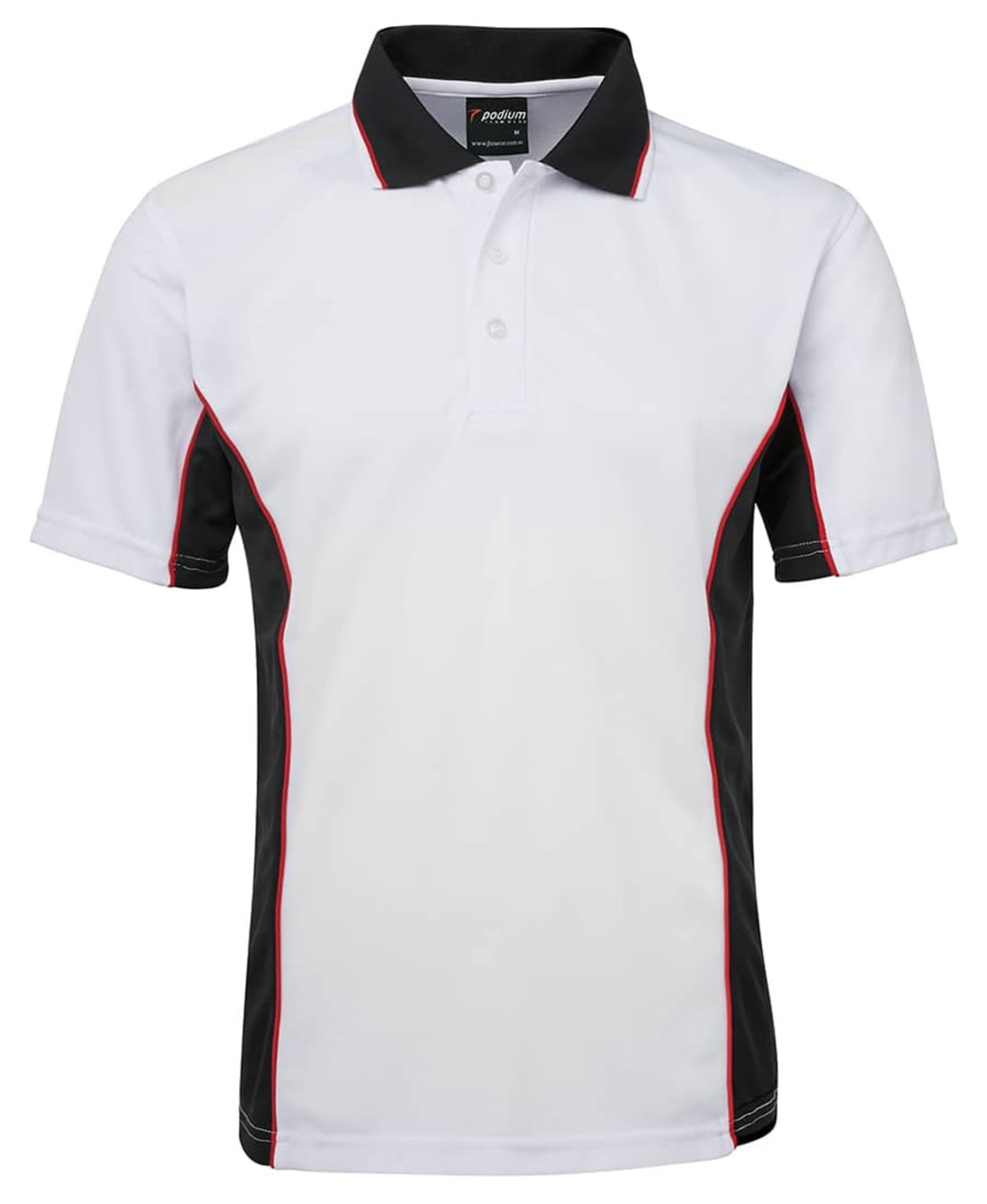 A white polo shirt with black sides and red detailing, featuring a collar and a logo on the upper part.