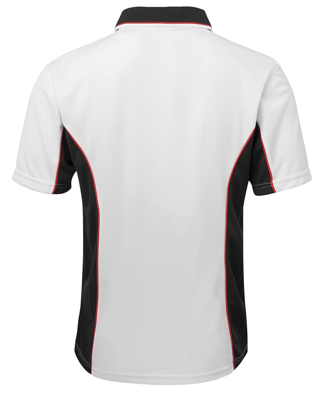 A polo shirt in white with black and red accents, featuring a logo on the design.
