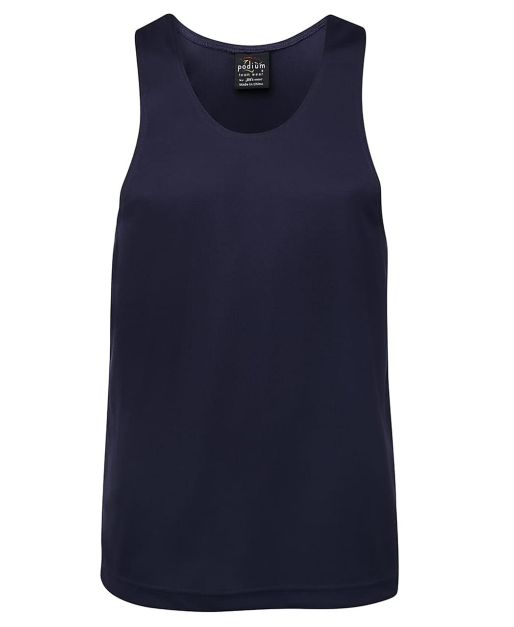 A navy blue singlet featuring a logo, designed for comfortable wear.