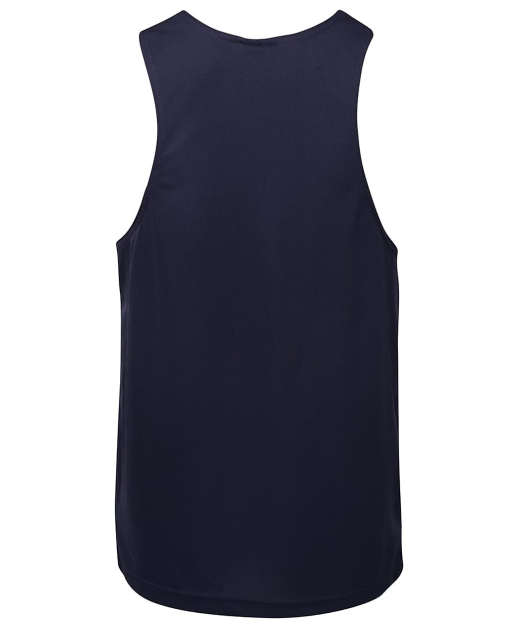 A navy blue Podium Poly Singlet featuring a sleeveless design and a logo on the back.