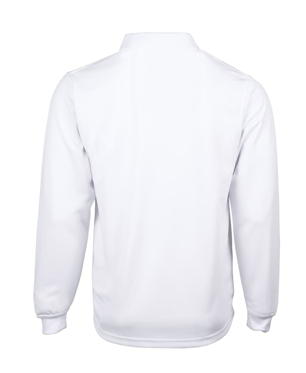 A long-sleeve polo shirt in white with a collar, featuring a logo on the back.