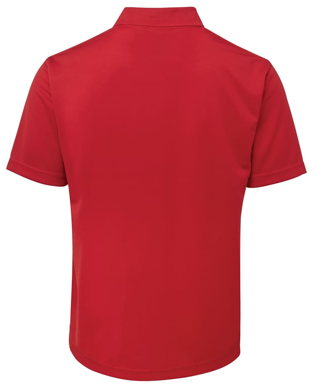 A red polo shirt with short sleeves and a collar, featuring a logo on the back.
