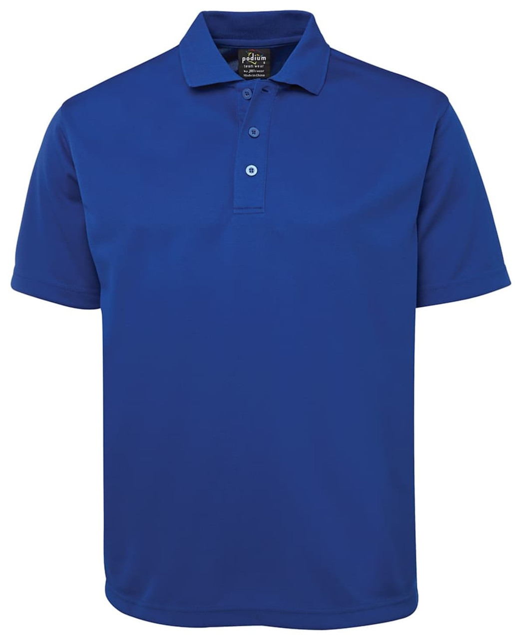 A blue polo shirt with a collared neck and three buttons, featuring a logo on the chest.
