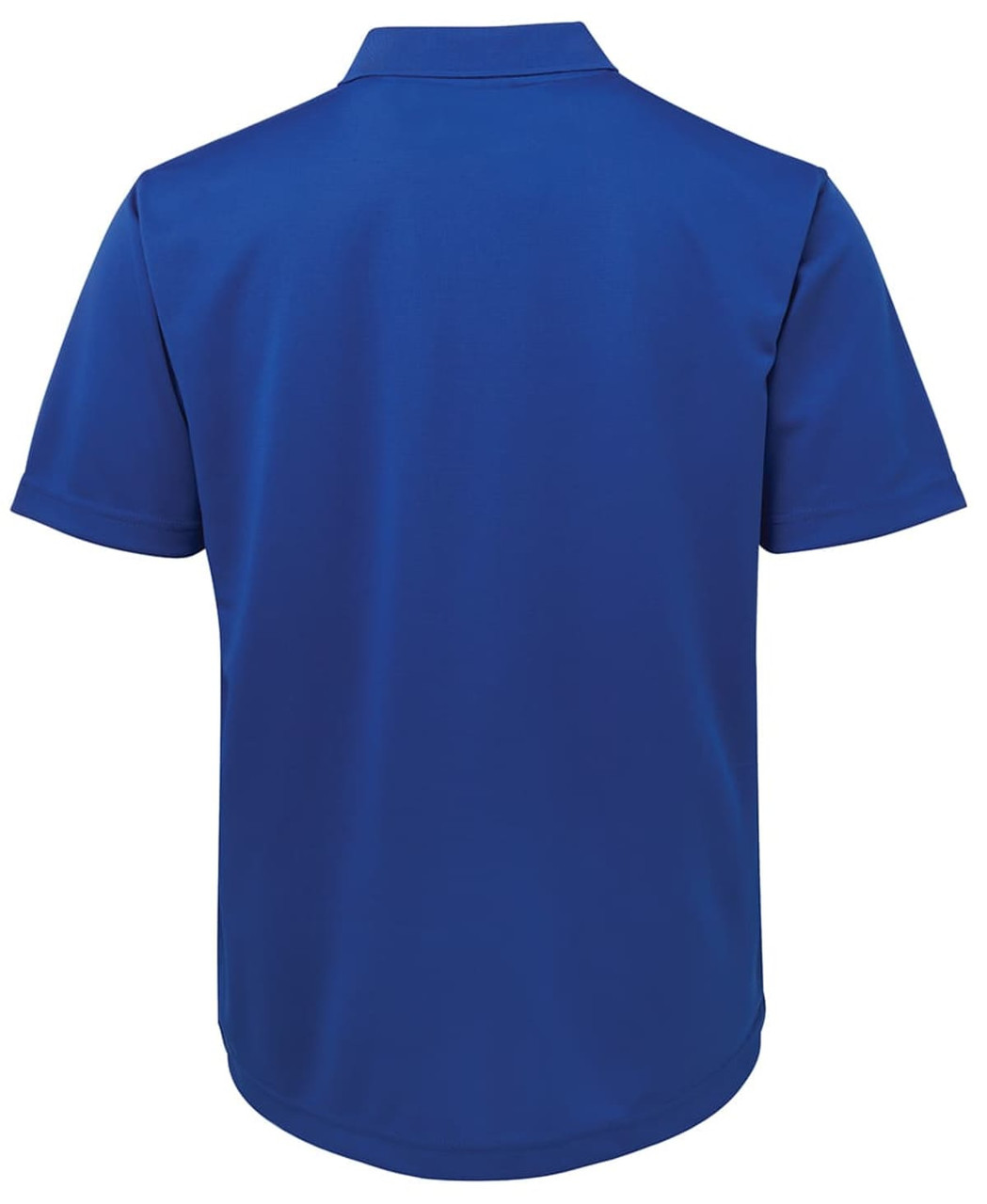 A blue polo shirt with short sleeves and a collar, featuring a logo on the back.