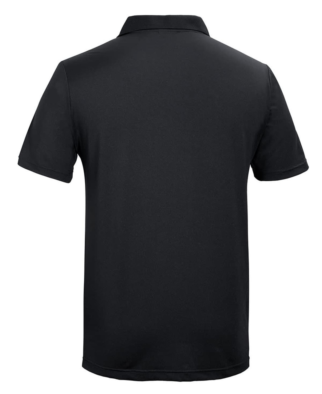 A black polo shirt with a classic short-sleeve design and a collar. It features a logo on the garment.