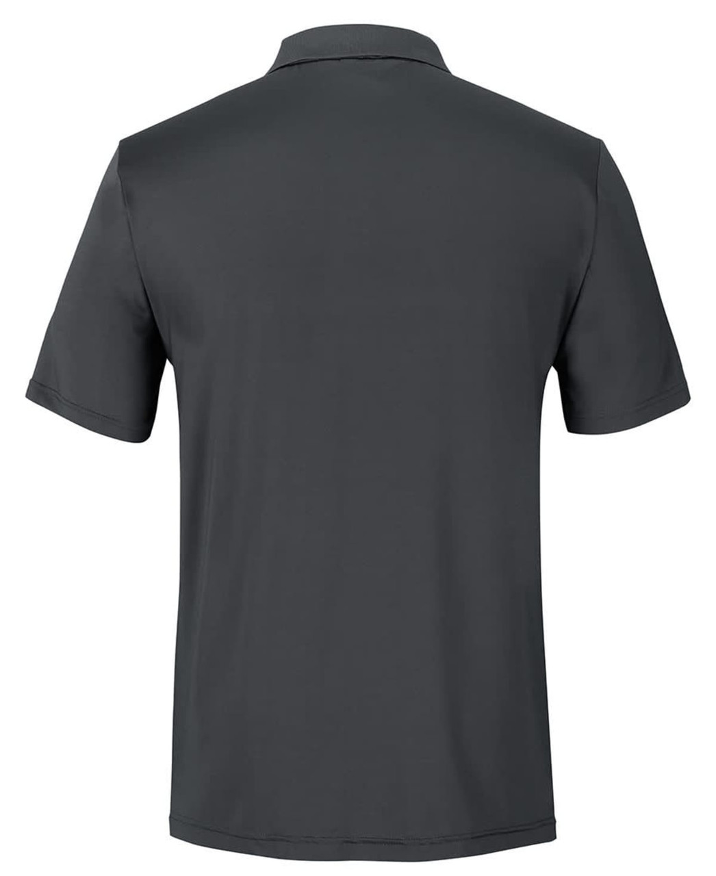 A dark grey polo shirt featuring a classic collar and short sleeves, with a logo on the back.