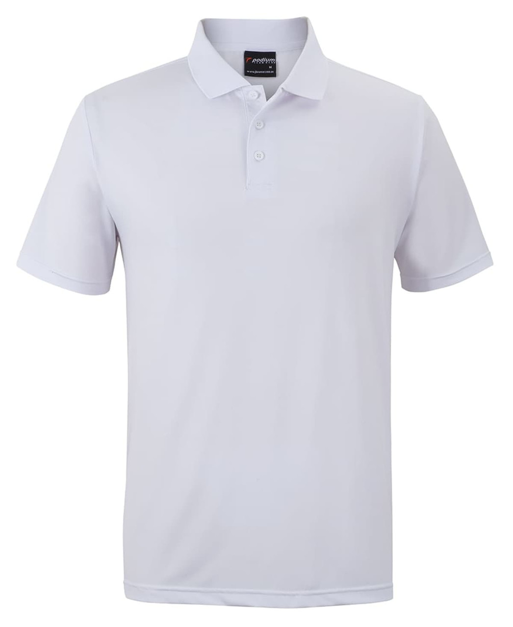 A white polo shirt featuring a collar, short sleeves, and a logo on the chest.
