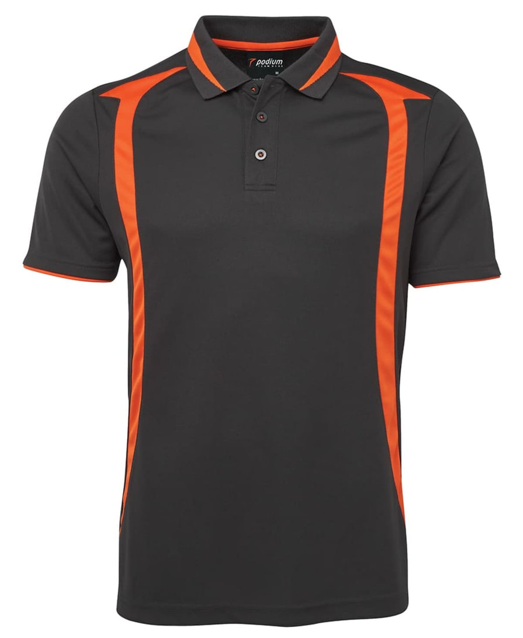 A black polo shirt featuring orange accents and a branded logo on the collar.