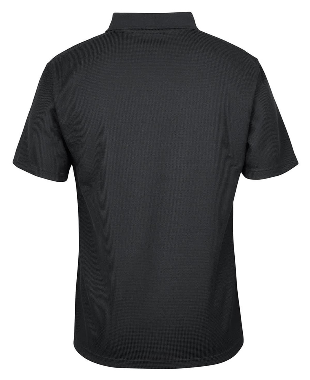 A black polo shirt with a waffle texture, featuring a collar and short sleeves, and a logo on the back.