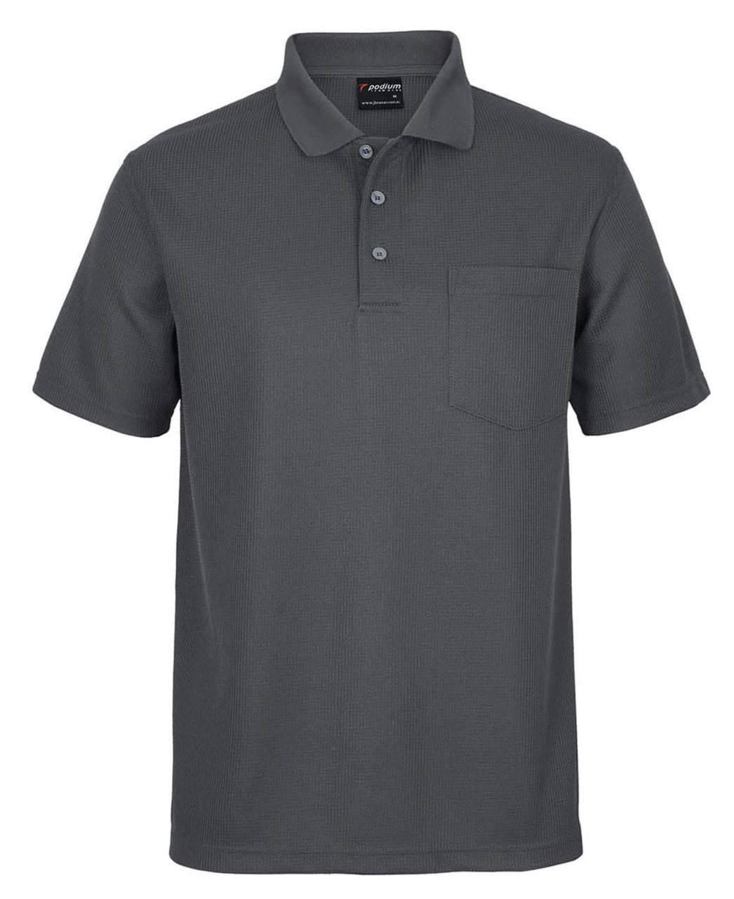 A grey polo shirt with a textured fabric, featuring a collar, buttons, and a chest pocket. It has a logo on the label.