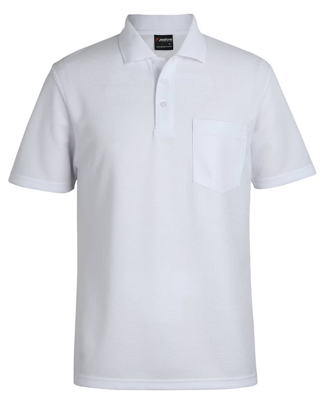 A white waffle pocket polo shirt featuring a collar and a chest pocket, with branding on the label.