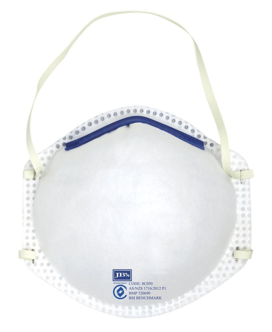 A white respirator mask with adjustable straps and a blue top. It includes a logo and has a rounded shape.