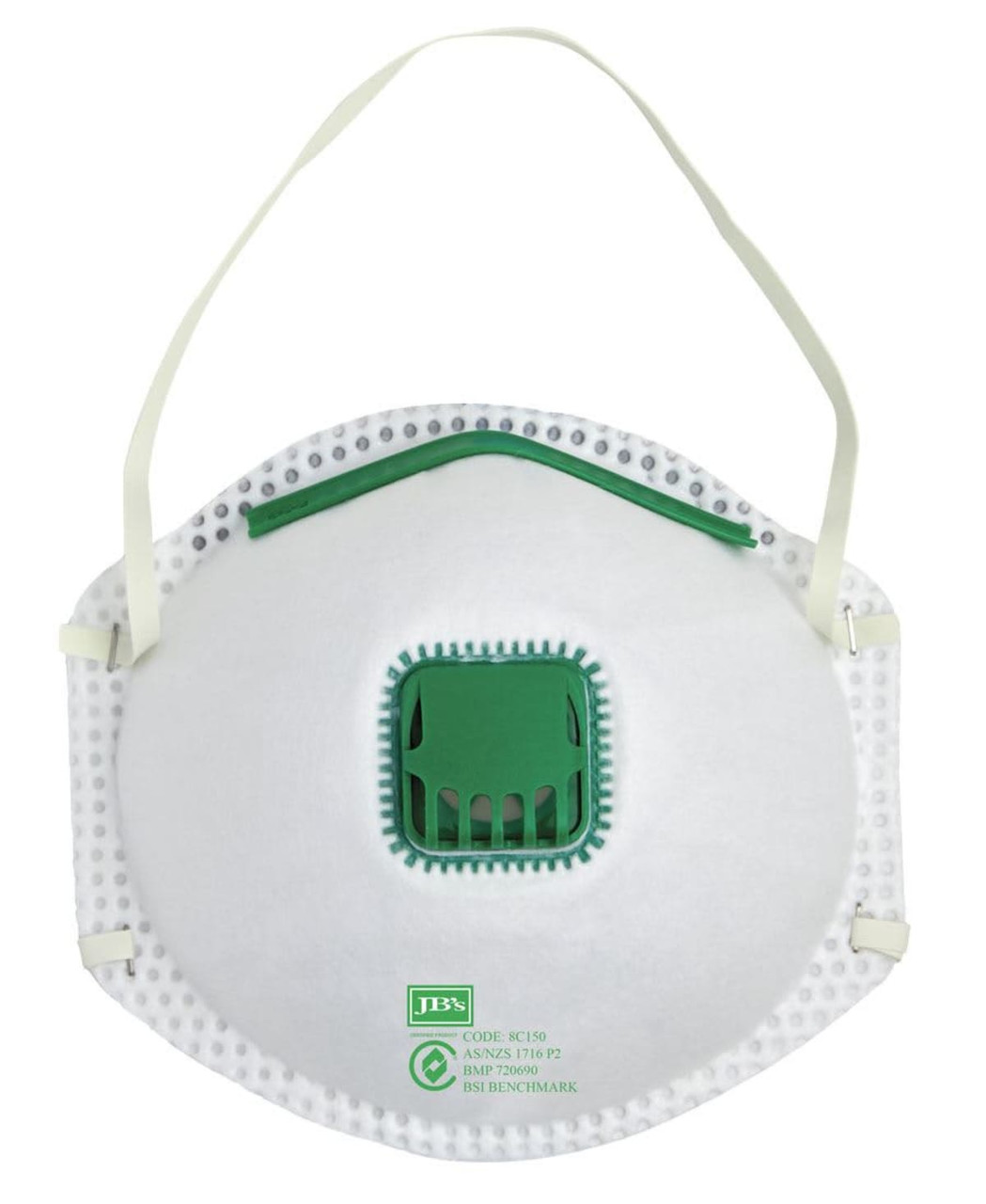 A white respirator mask with a green valve and ear straps, featuring a logo. Suitable for health and personal use.