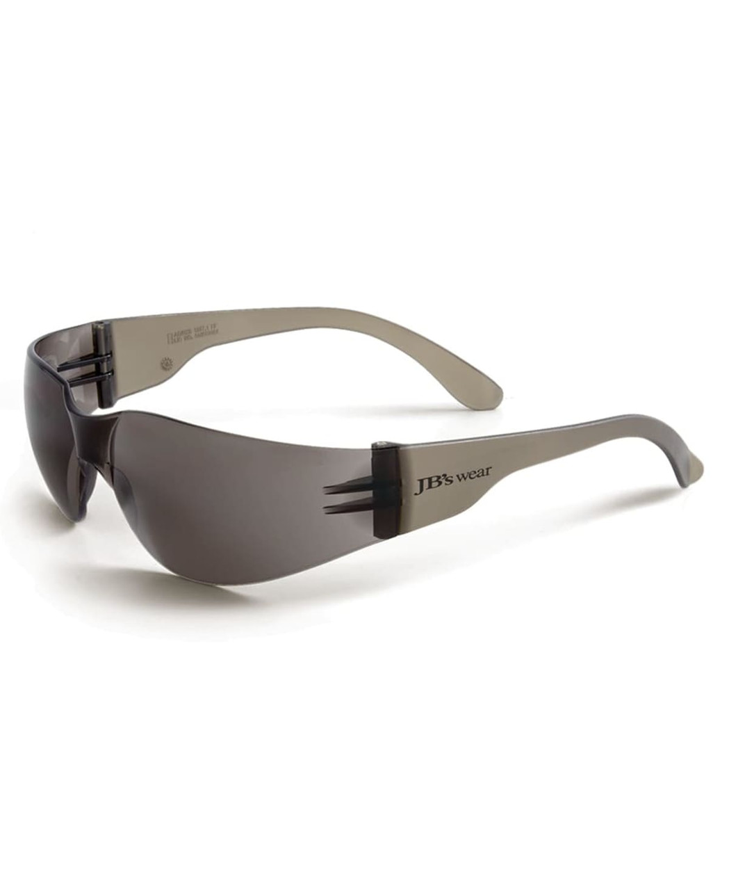A pair of grey sunglasses with a sleek design and a logo on the arm.