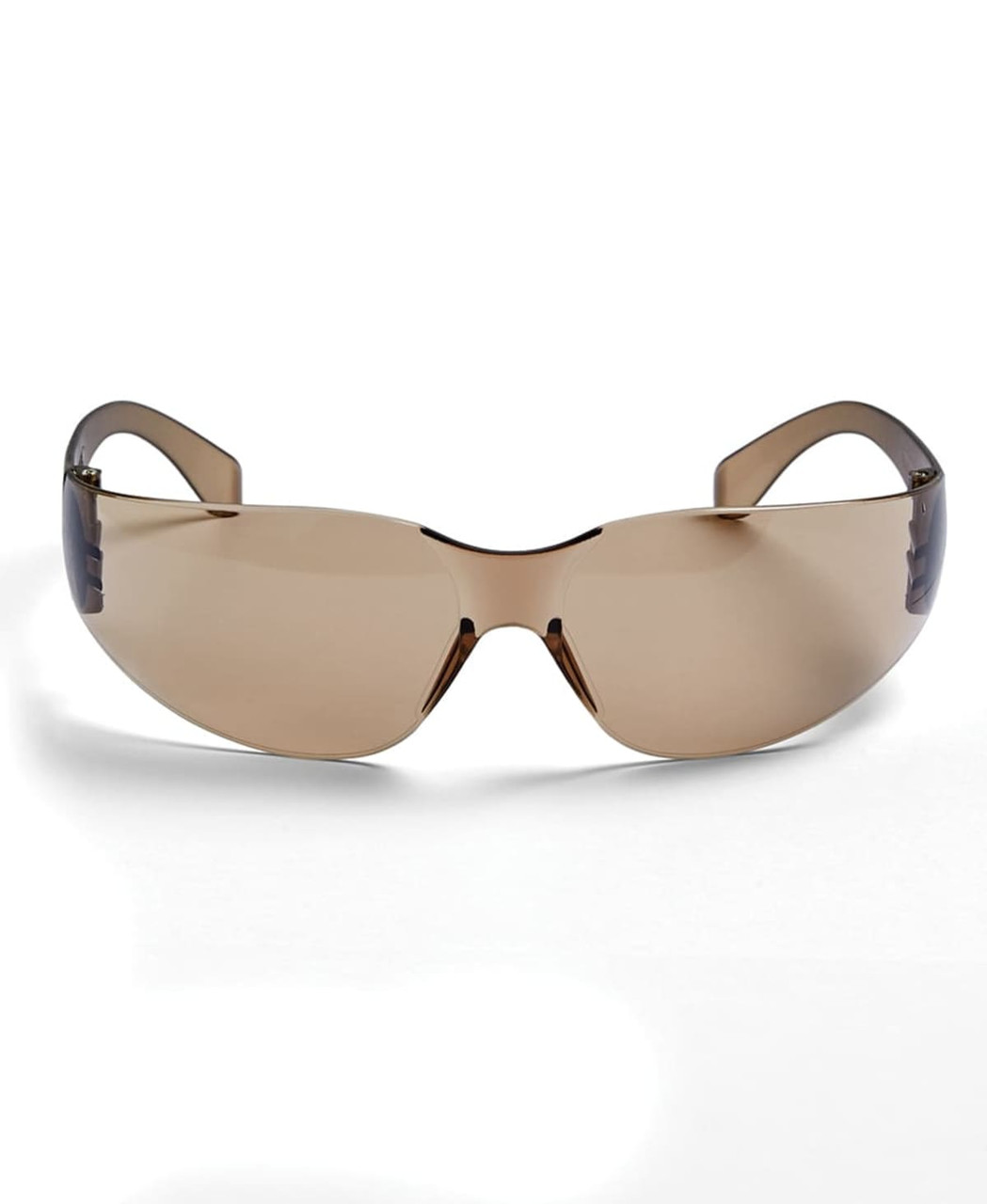 A pair of sunglasses with a brown tint and sleek design, featuring a logo on the side.