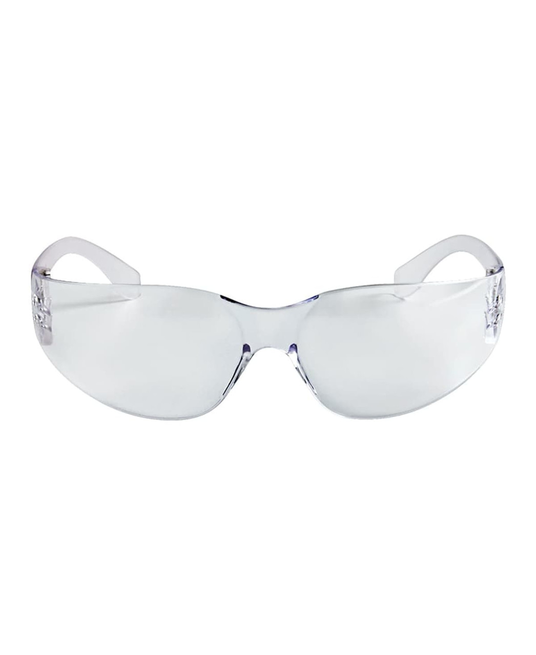A pair of clear safety sunglasses with a sleek design, featuring translucent frames. Includes a logo on the side.