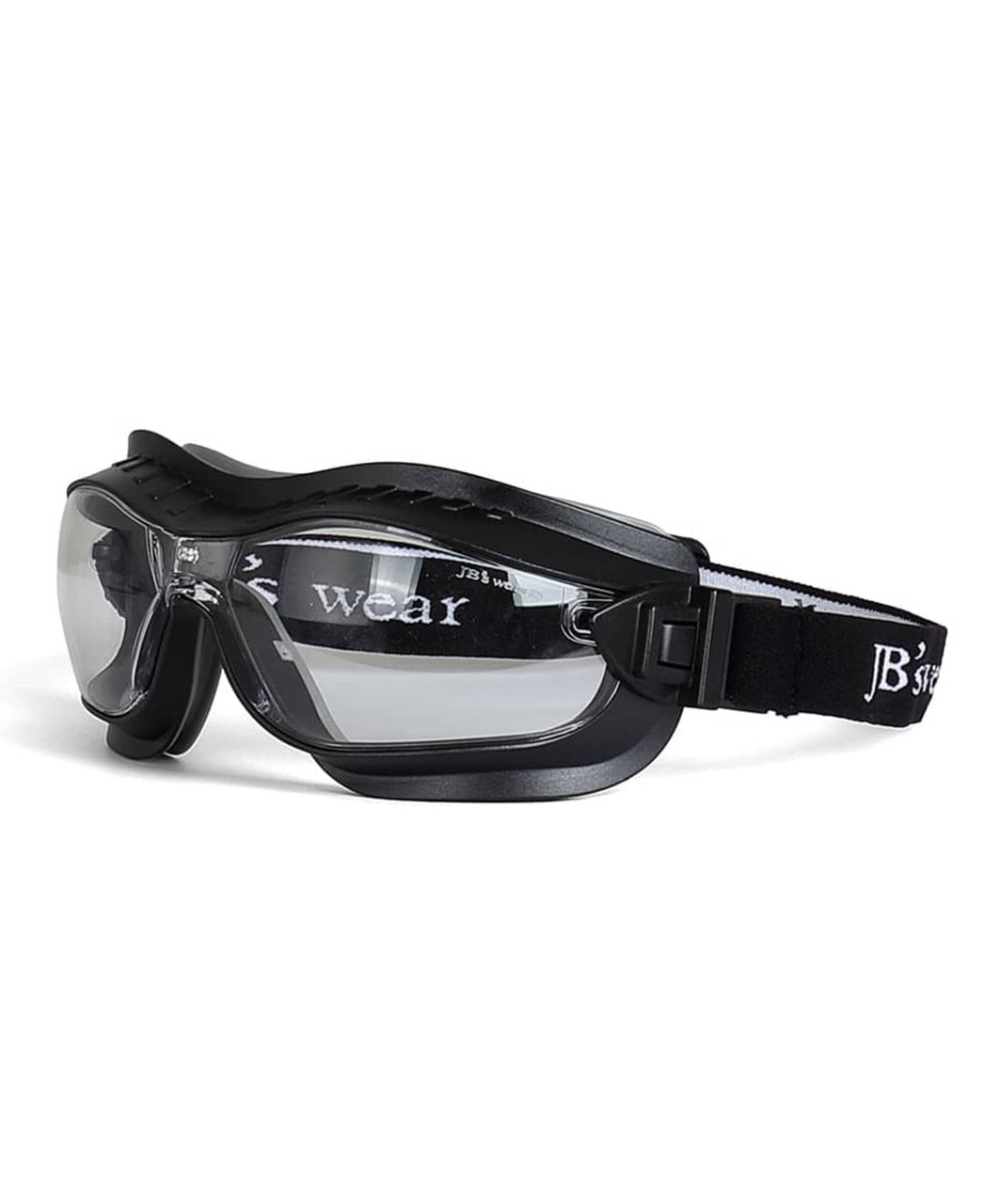 Protective goggles featuring a black frame and adjustable strap, designed for safety and comfort.
