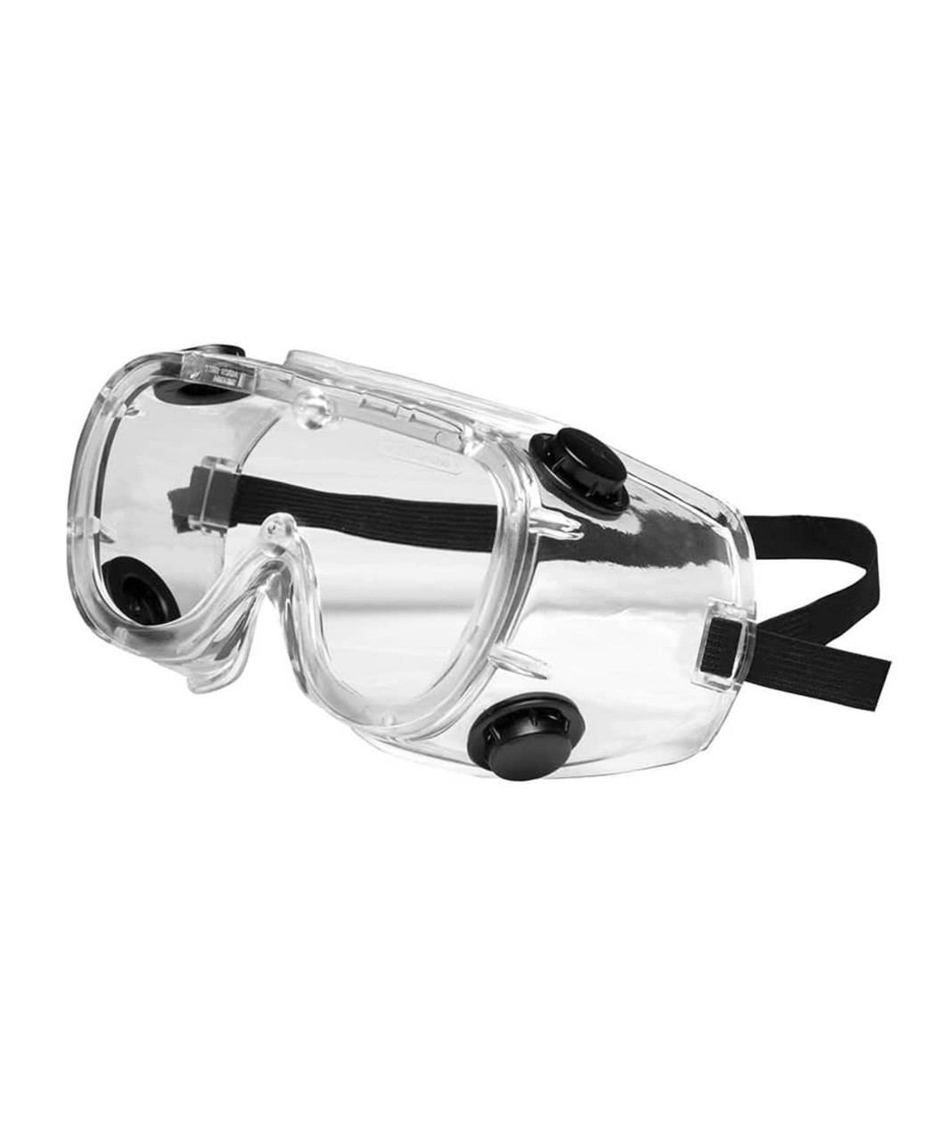 Clear vented goggles with adjustable straps and black fittings, designed for health and personal use.
