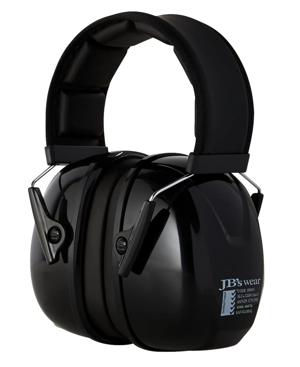 A pair of black ear muffs with a padded headband and adjustable features. Includes branding on the side.