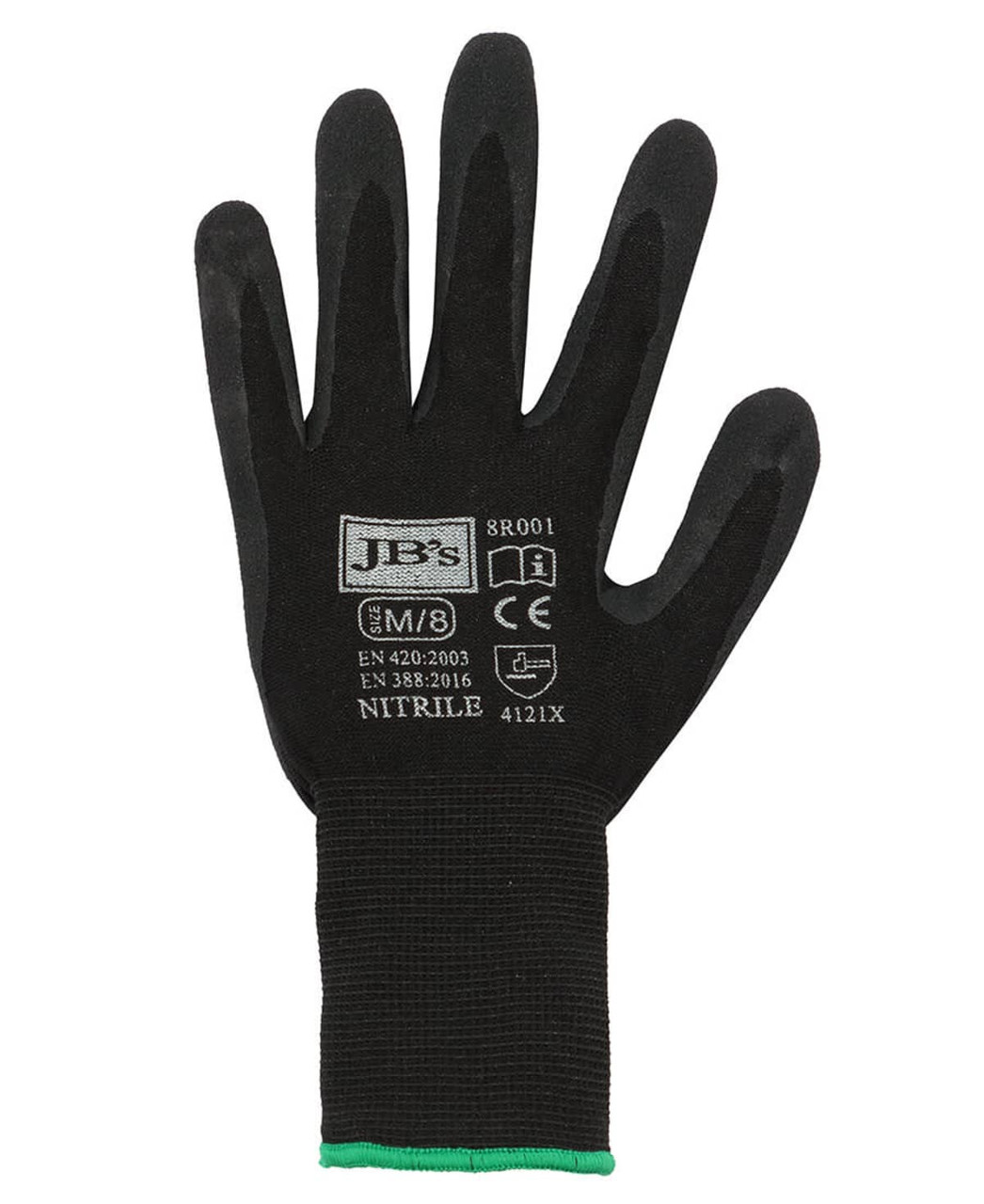 A black nitrile glove featuring textured fingertips and a green cuff, with a branding logo.