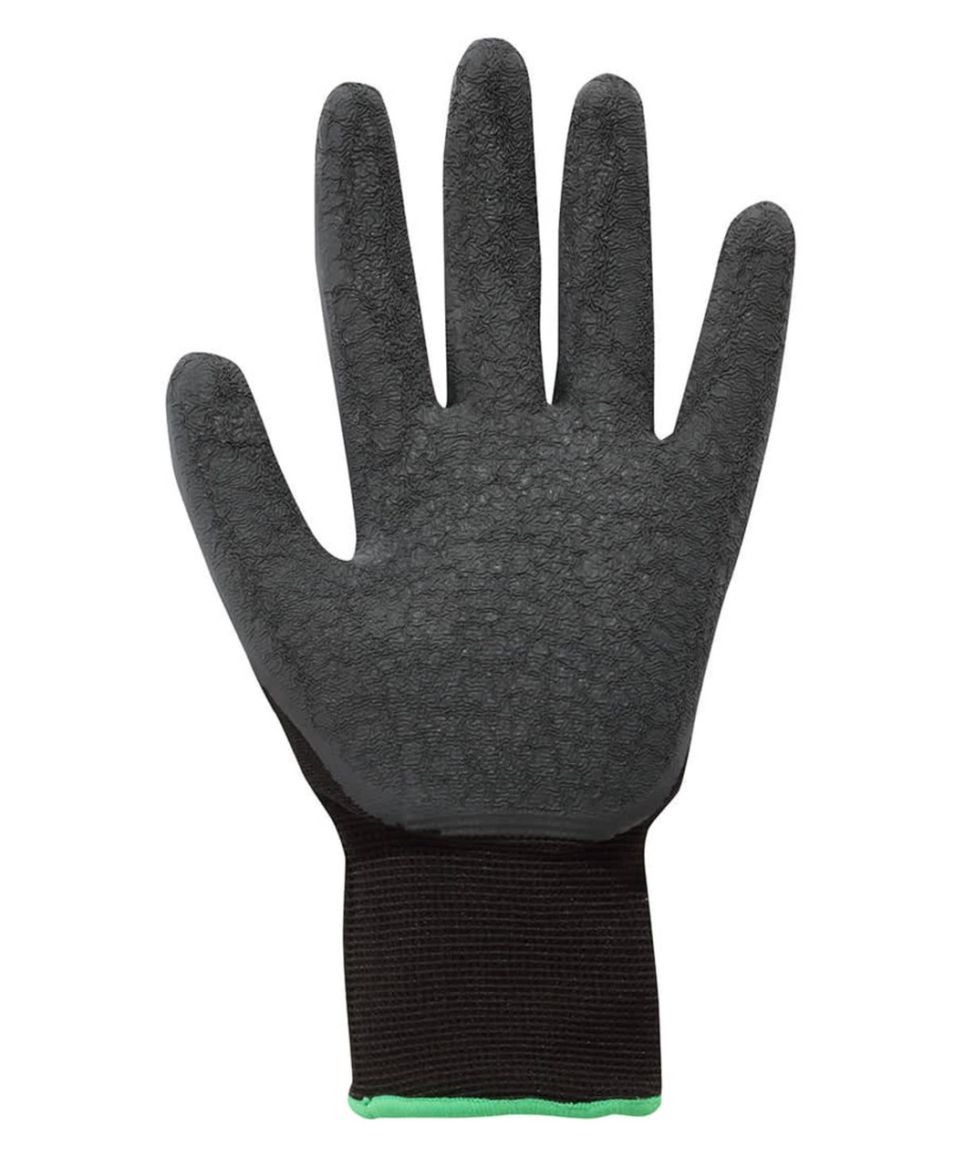 A black latex glove with a textured surface and a black wrist cuff featuring a green accent.