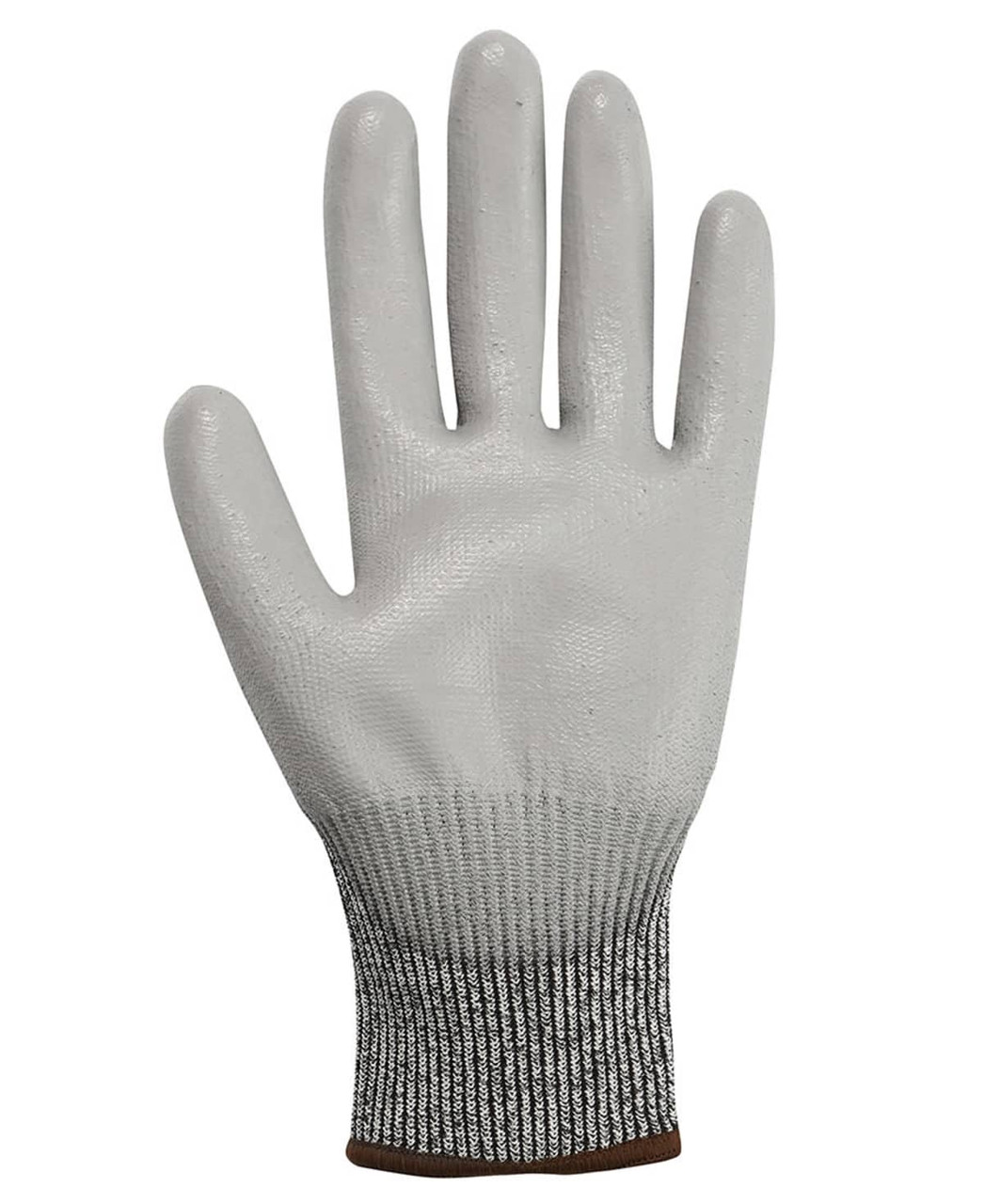 A white cut-resistant glove with a grey knitted wrist cuff. The glove has a textured surface and a branding logo.