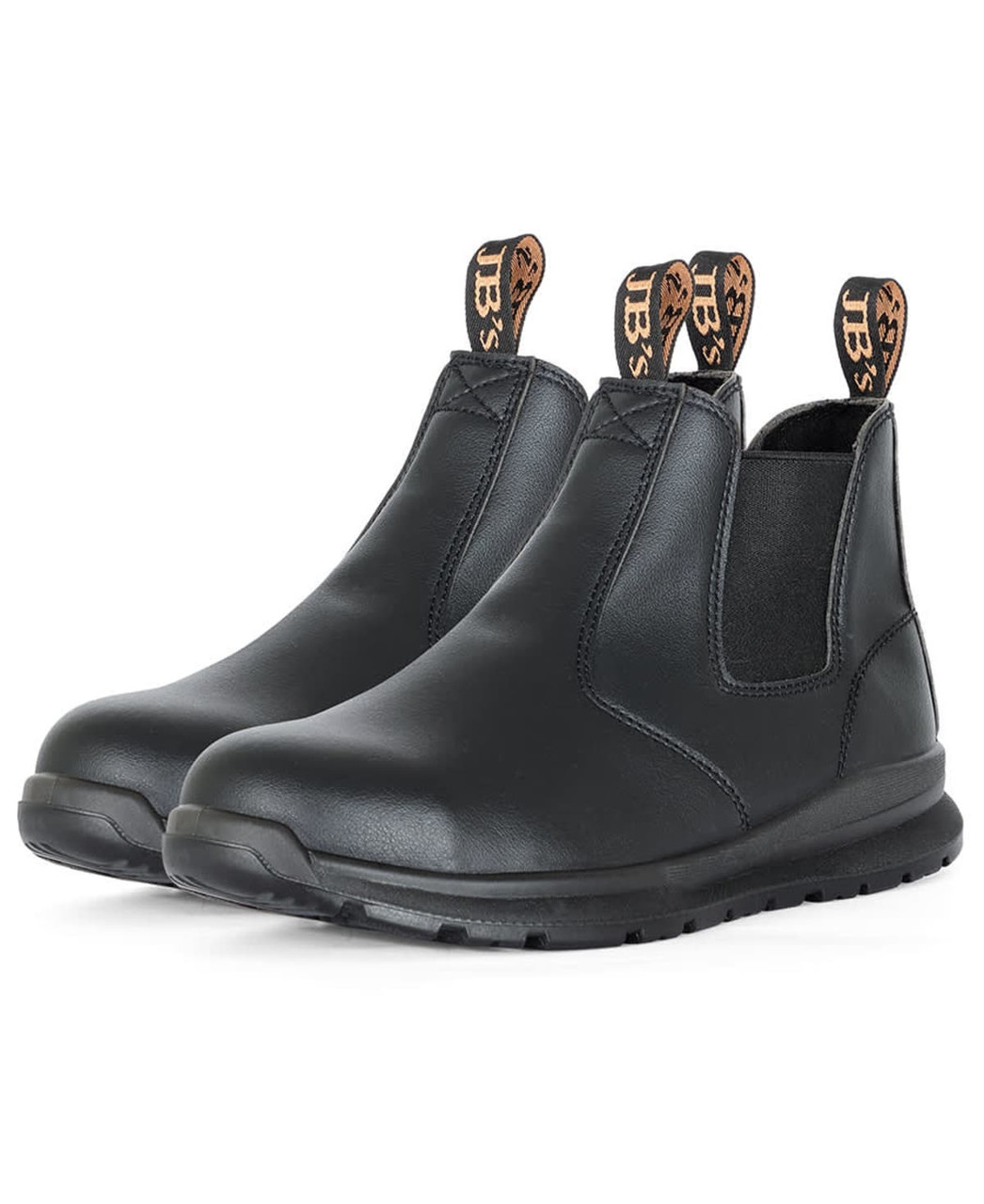 A pair of black elastic-sided safety boots with a logo on the pull tabs. The boots have a sleek, modern design.