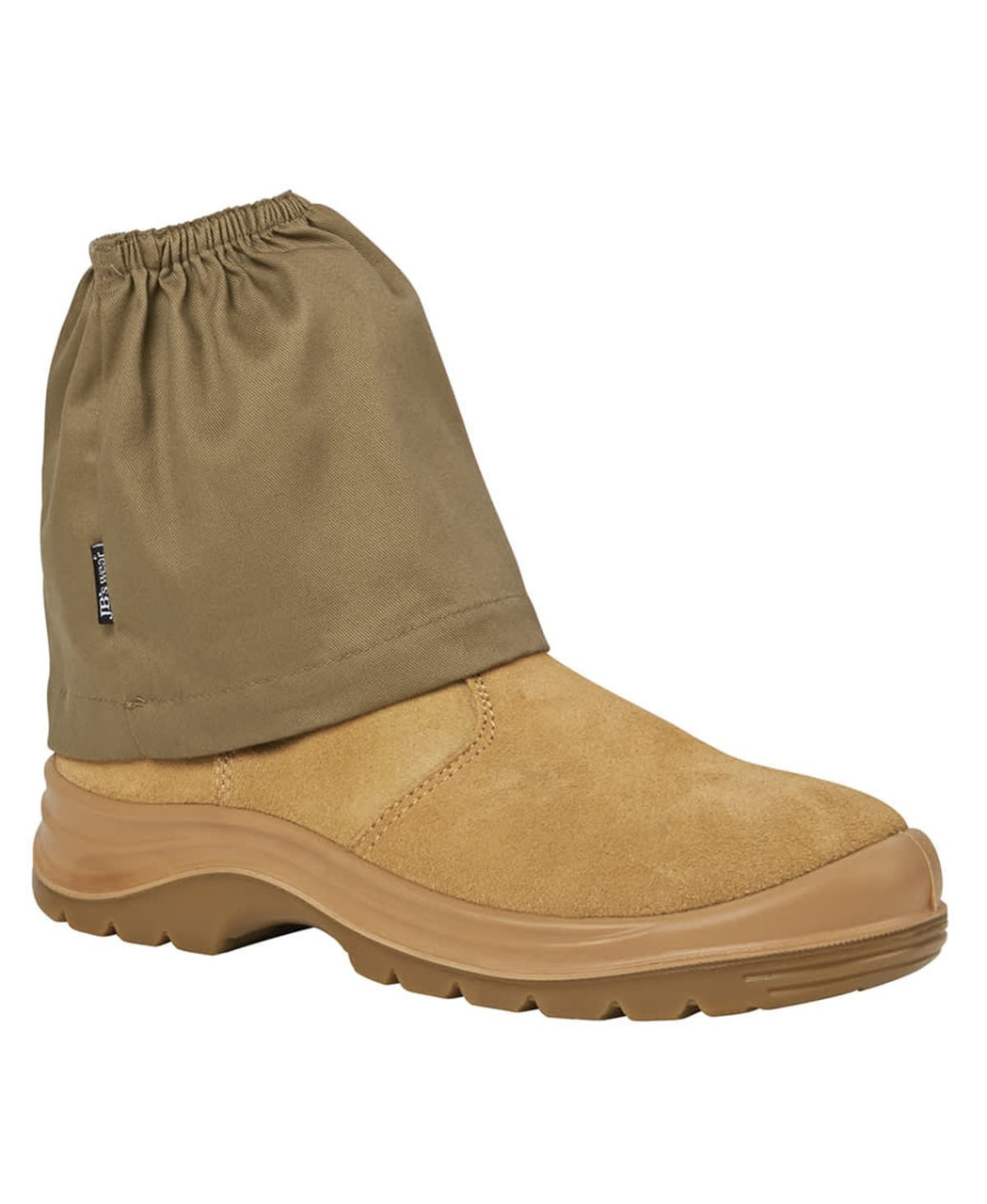 A tan boot with a green fabric cover at the top, featuring an elasticised opening and a logo.