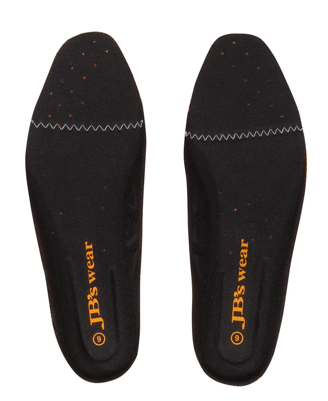 A pair of black insoles with an orange logo, featuring a textured surface and perforations for breathability.