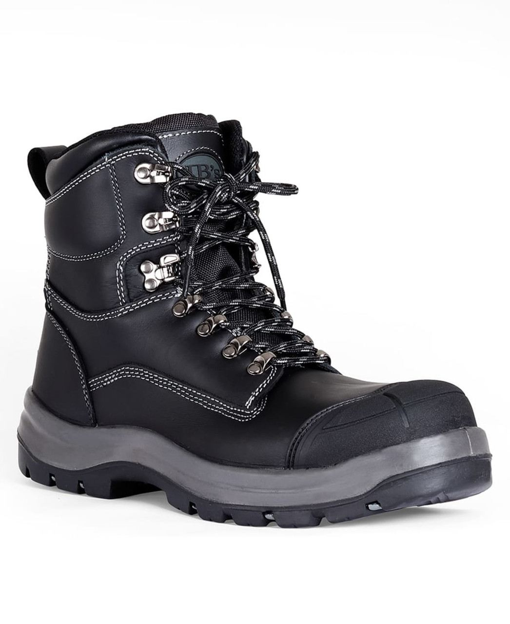 A black lace-up safety boot featuring a steel toe, rugged sole, and branding on the side.