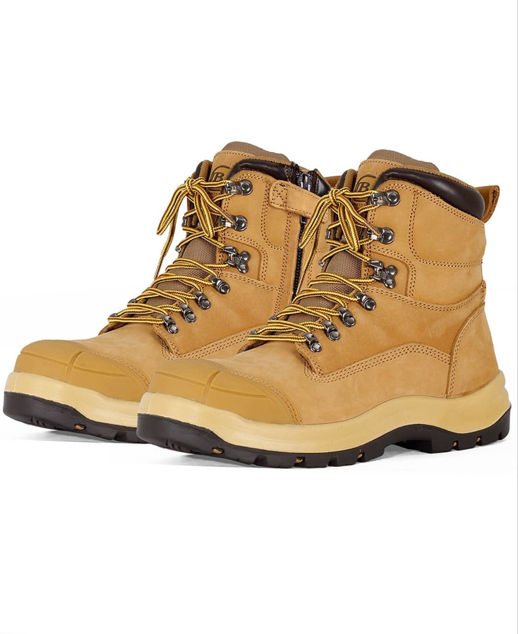 A pair of tan safety boots with black soles and yellow laces, featuring a protective toe cap and branding.