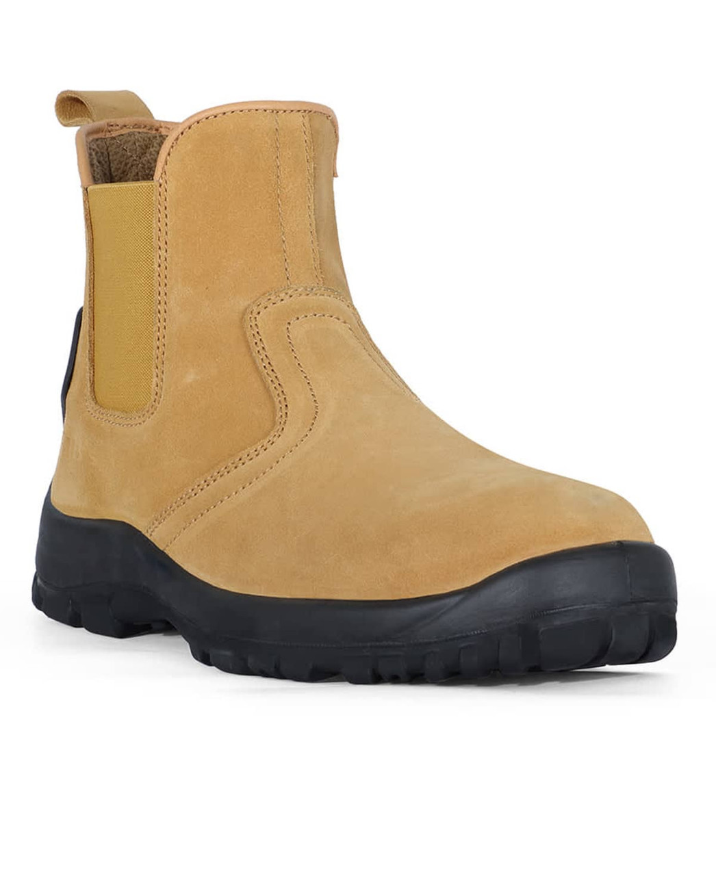 A pair of brown elastic-sided safety boots with a black sole, featuring a branded logo.