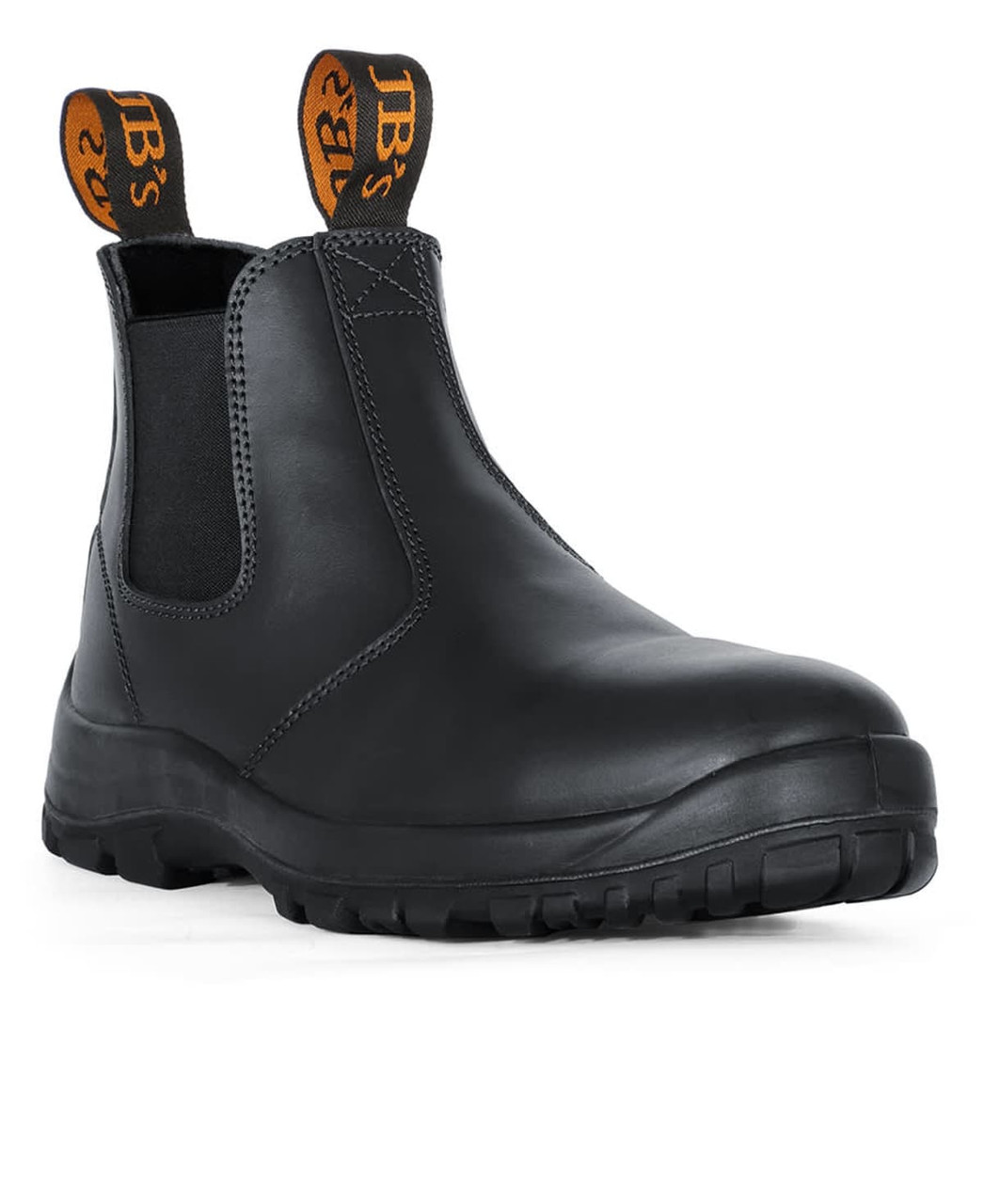 A black soft toe boot with elastic side panels and pull tabs, featuring a rubber sole and a logo on the pull tabs.