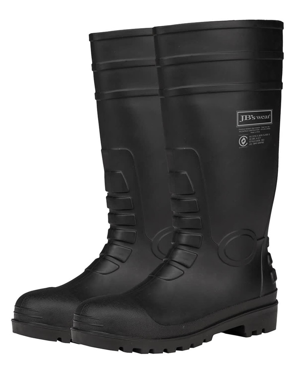 Black waterproof boots with a textured design and a logo, featuring a sturdy sole.