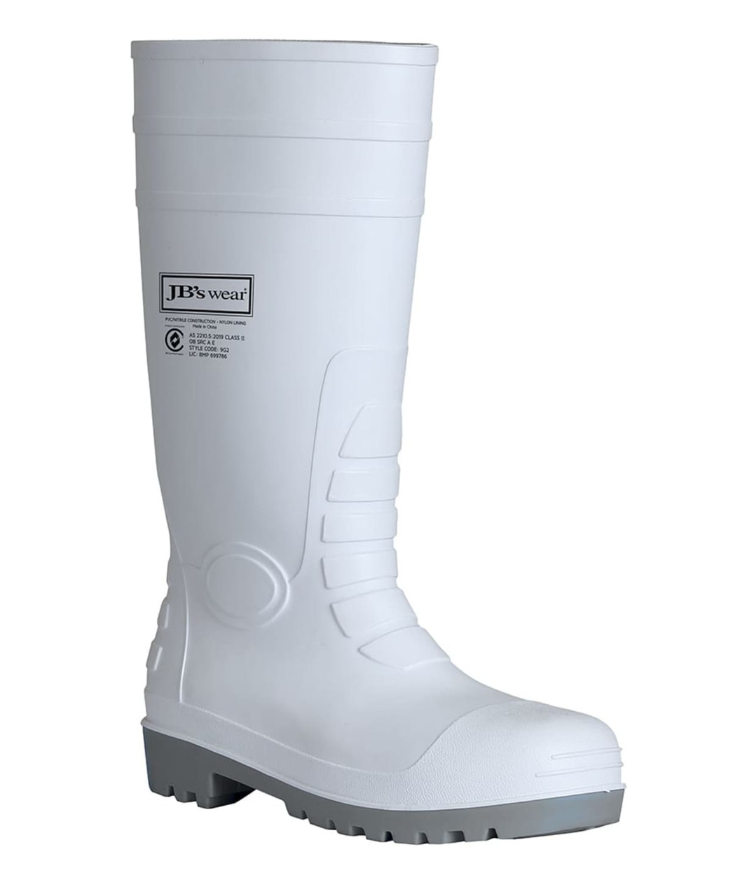 A white boot featuring a textured design and a branded logo on the side, suitable for various settings.