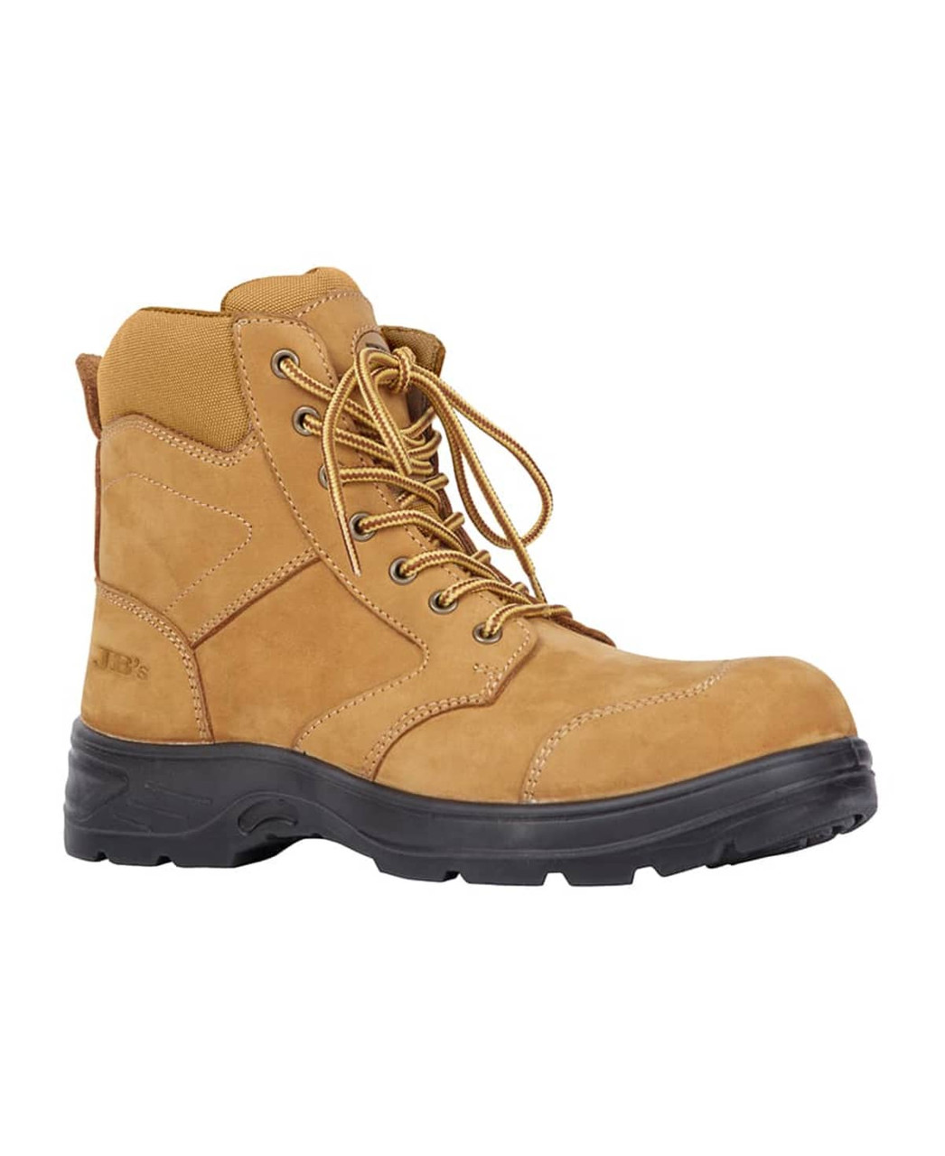 A tan composite toe 5” zip boot featuring laces and a sturdy rubber sole, with a logo visible on the side.