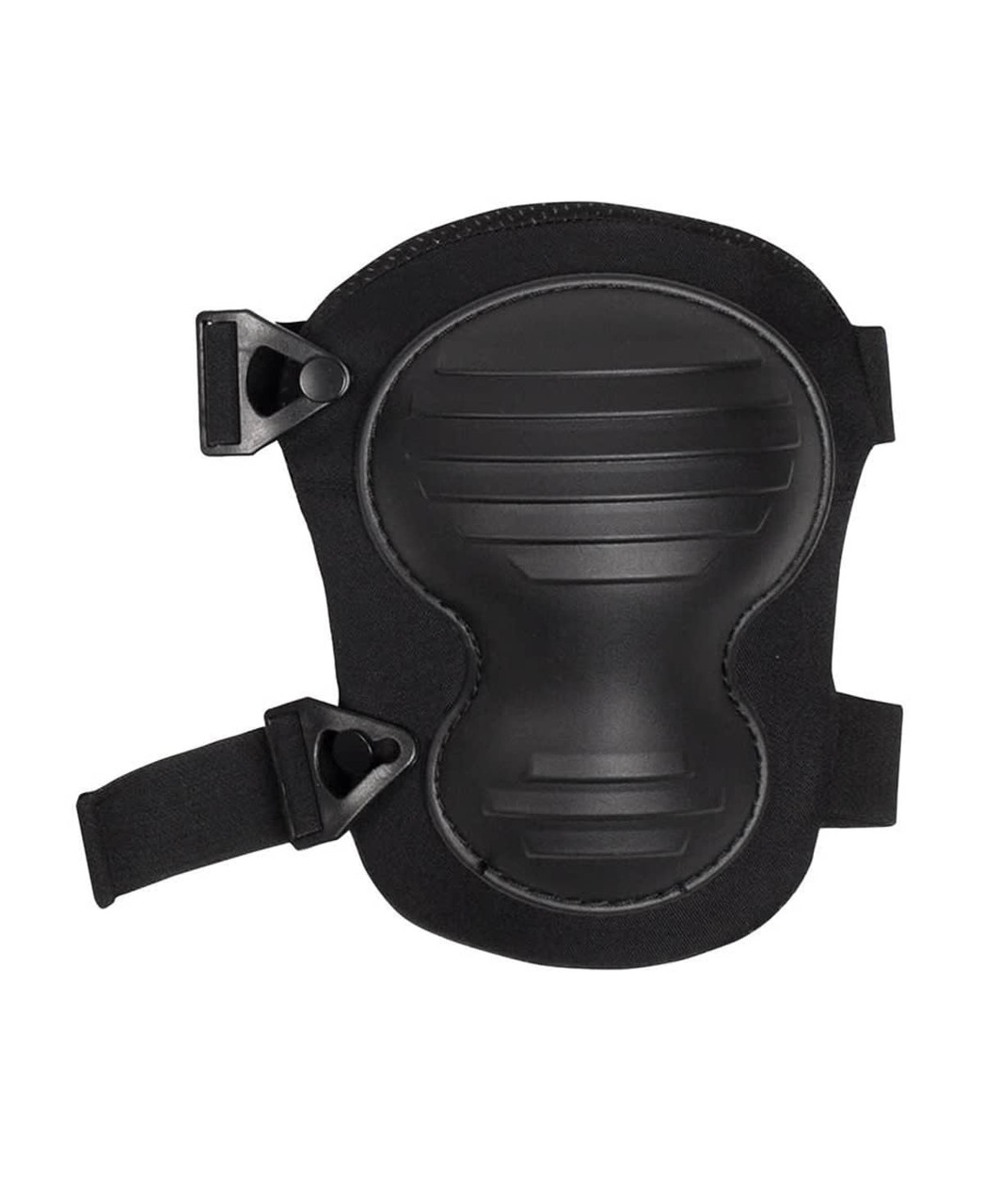 A black knee pad with adjustable straps and a textured protective surface. It features a logo on the design.