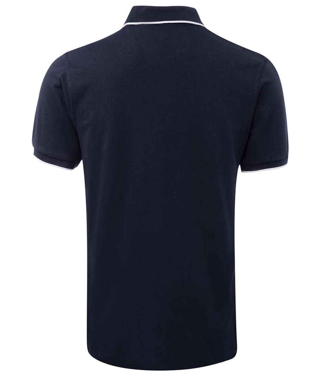 A navy polo shirt with white trim, featuring a collar and short sleeves. Includes a logo on the garment.