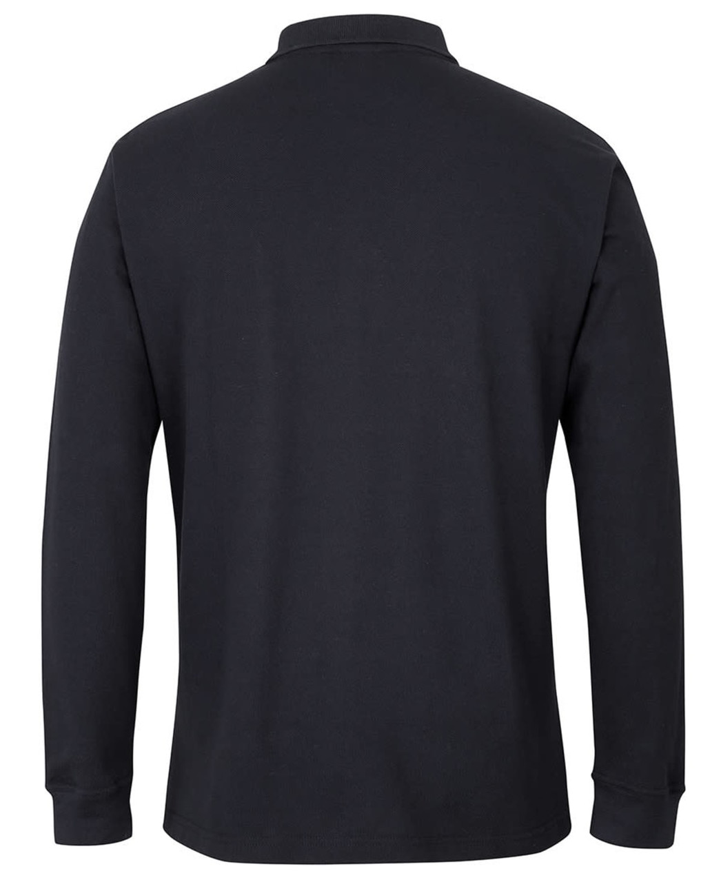 A black long-sleeve polo shirt featuring a collar and a branding logo. The back view is displayed.