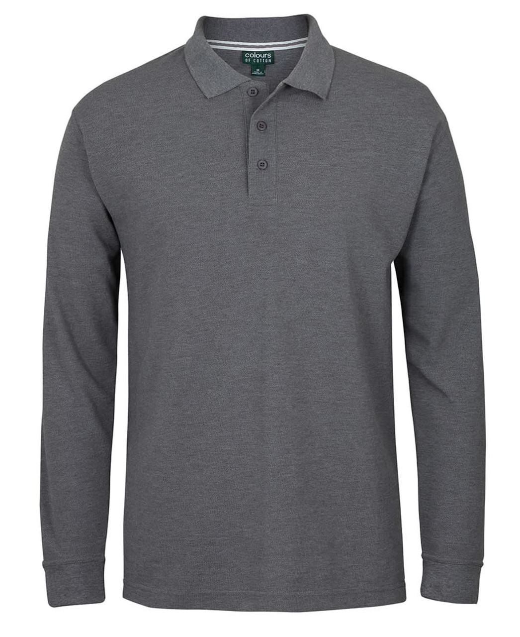 A long-sleeve polo shirt in grey with a collar and three buttons, featuring a logo on the chest.