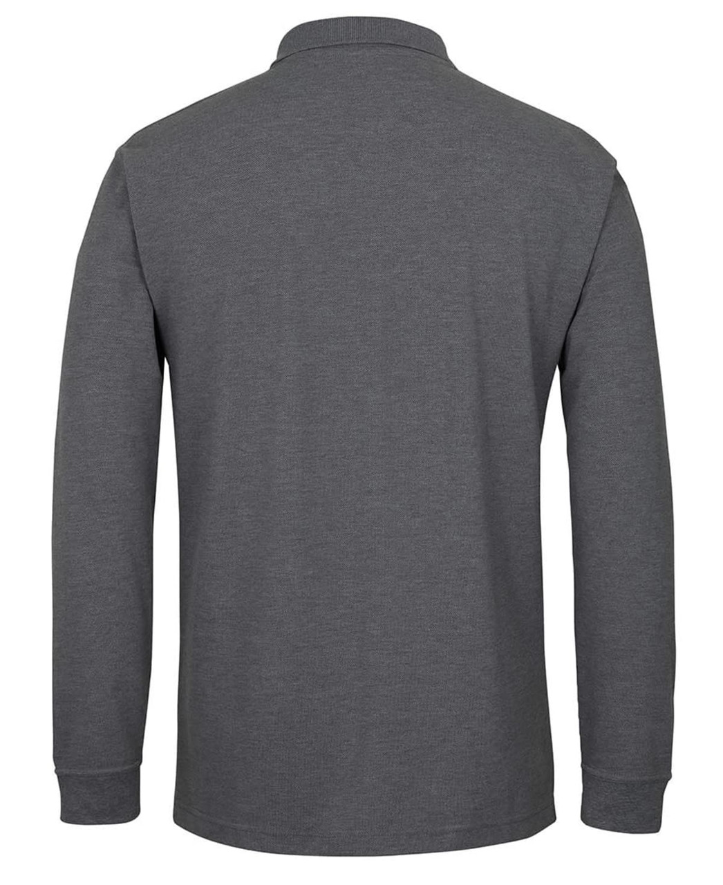 A long-sleeve polo shirt in a dark grey colour, featuring a collar and a logo on the back.