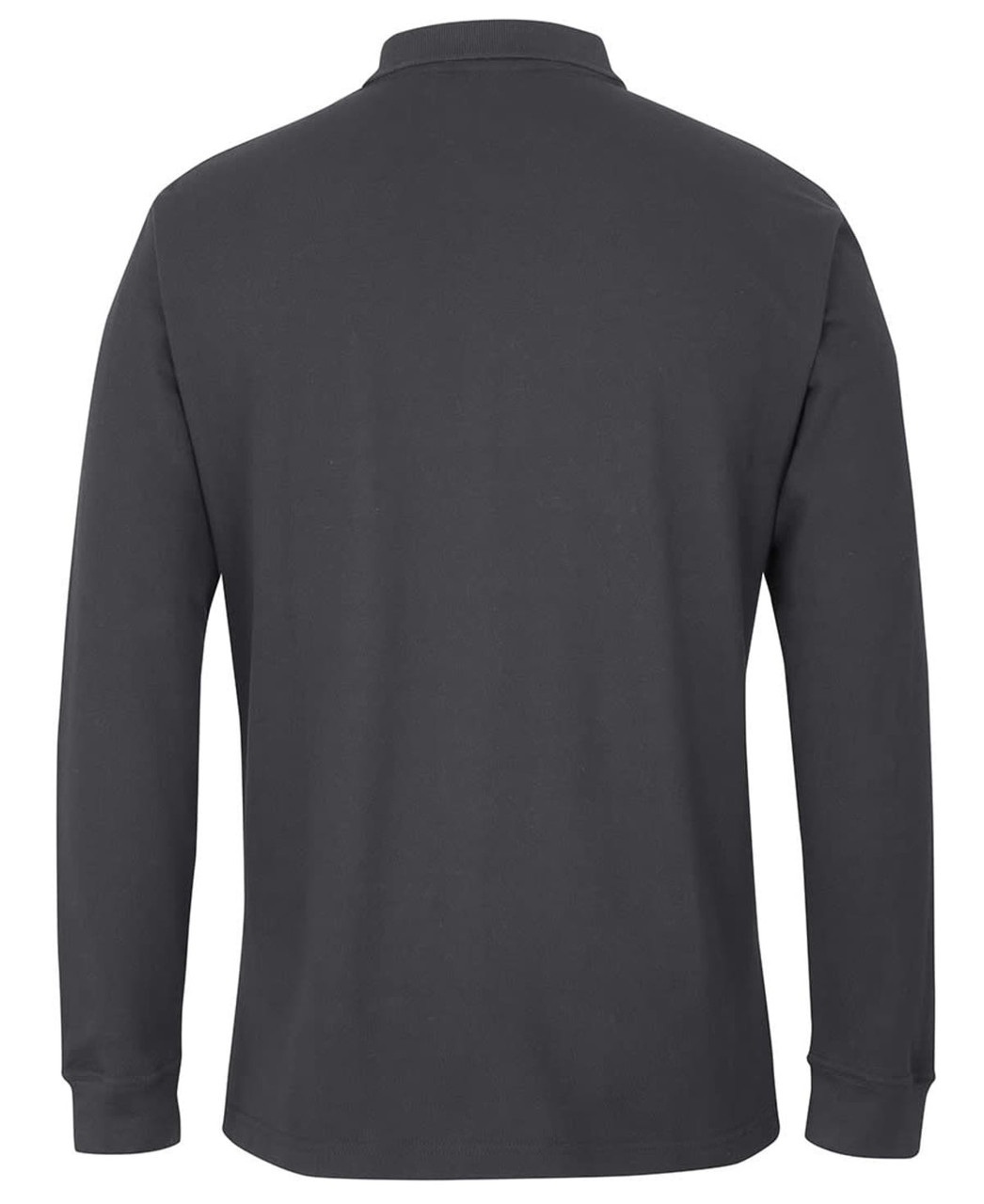 A long-sleeve polo shirt in dark grey, featuring a collar and a logo.