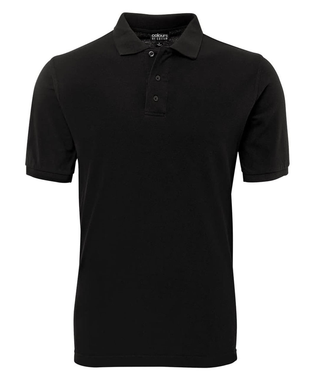 A black polo shirt featuring a three-button placket and short sleeves. It has a logo on the chest area.