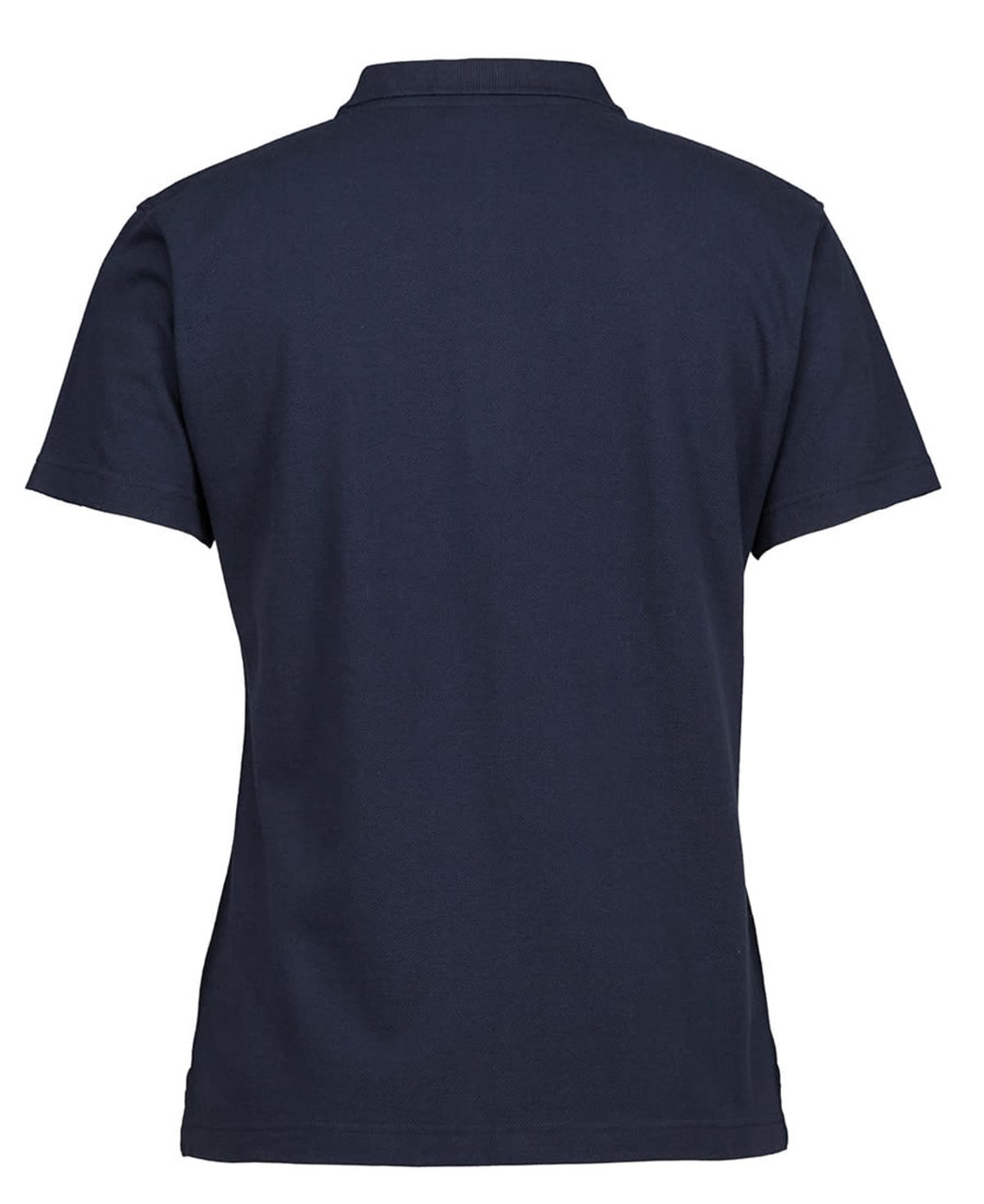 A navy blue ladies' pique polo shirt with a classic design and an unadorned back. It features a logo.