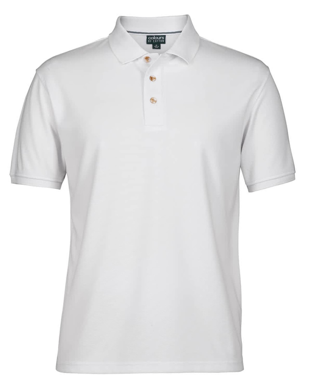 A white polo shirt featuring a classic collar and three buttons, with a logo on the chest.